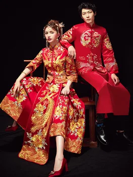 Čínske Tradičné Pár Svadobné Hostiny, Oblečenie Qipao Šaty Dlhé Cheongsam Štýlové Elegantné Nevesta Šaty китайская одежда
