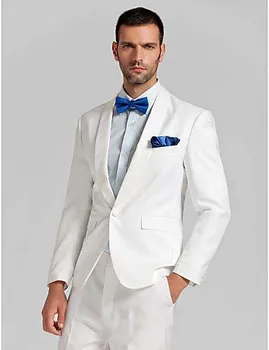 Šatka Golier, Biela Jedno Tlačidlo Muži Obleky Custome Homme Módne Tuxedos Formálne Svadobné Sako (Bunda+Nohavice+Bowtie+Vreckovky)