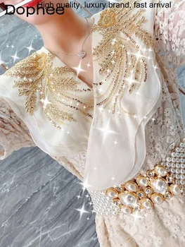 Ťažké Francúzsky Štýl Priemysel Korálky Diamond-Krátke Rukávy Maxi Ženy 2023 Lete Nové Háčkované Čipky Sim Pás Biele Šaty