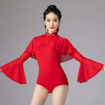 Ženské Latinskej Tanca Top Ženy Veľké Mandarin Dlhý Rukáv Kombinézu Latinskej Praxi Tanečné Šaty Sála Valčík Tango Kostým 6034