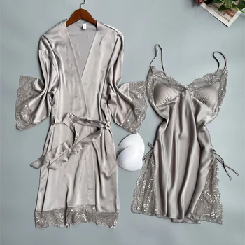 Ženy Kimono Šaty, Šaty Nastaviť Sleepwear Sexy Odev Sivá Saténová Čipka Nightgown Intímne Bielizeň, Nočné Šaty